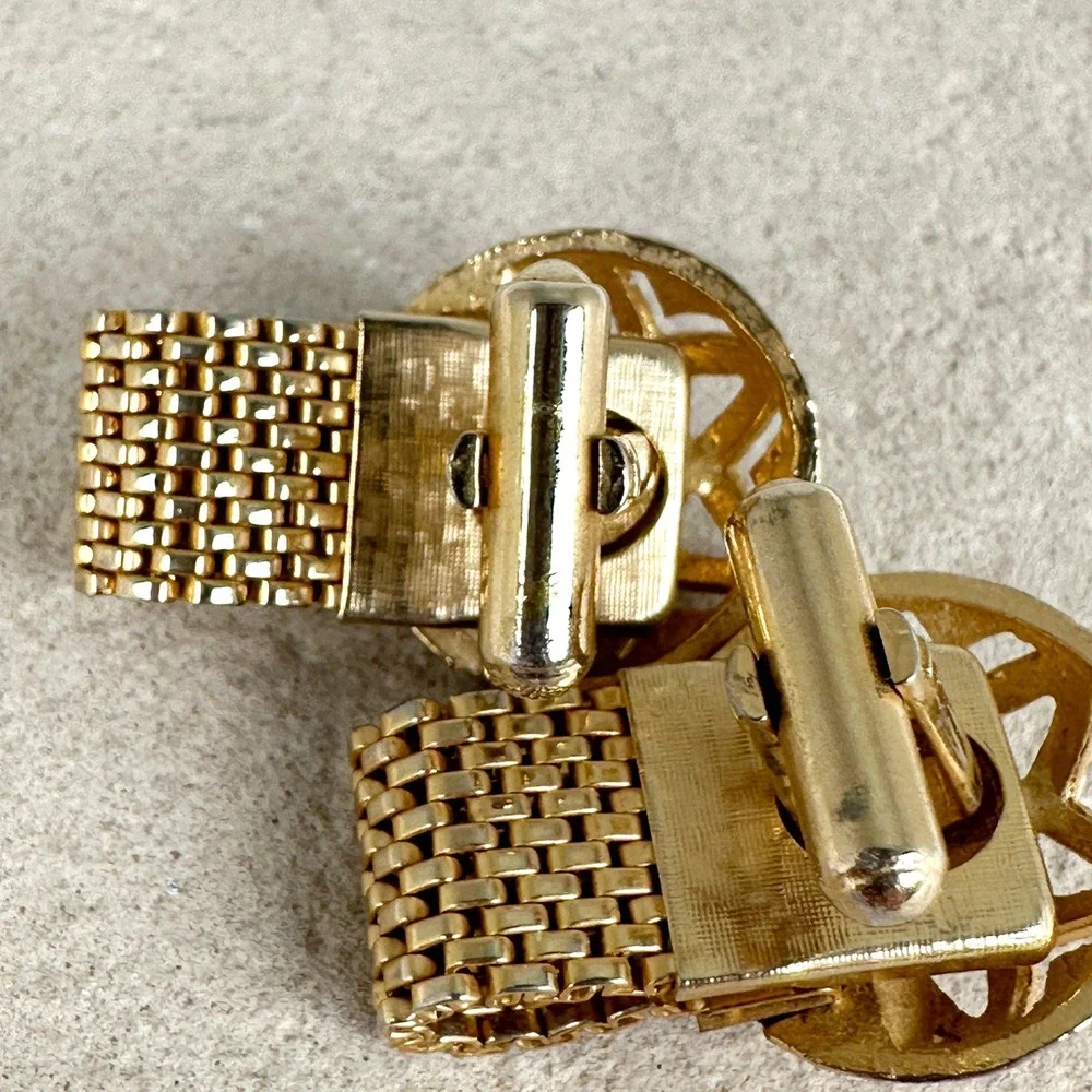 Vintage Gold Tone Mesh Cufflinks Tiger's Eye‎ Cabochon Starburst 1960s-70s Retro